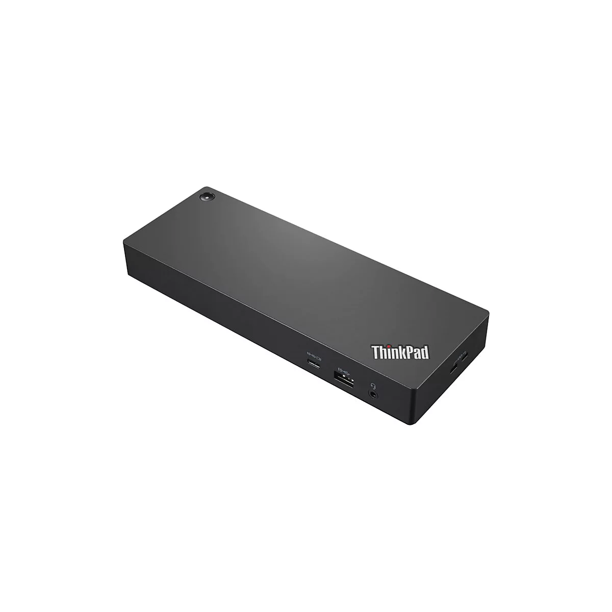 Station d'accueil ThinkPad noire avec ports et logo ThinkPad. Sur fond blanc.
