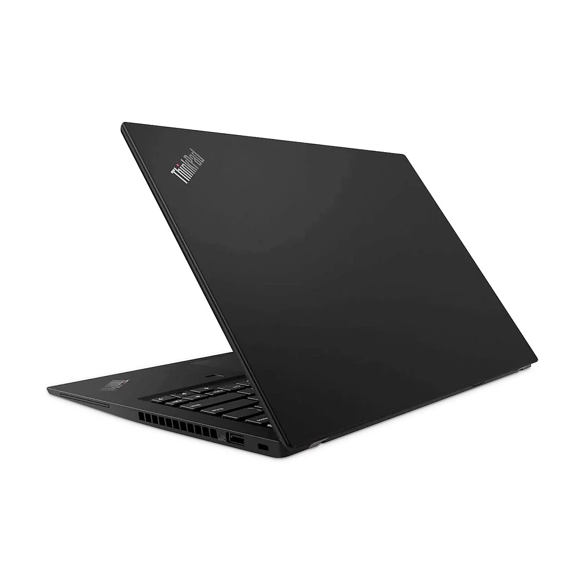 Schwarzes ThinkPad-Laptop, leicht geöffnet. 'ThinkPad' ist oben auf dem Deckel zu sehen.