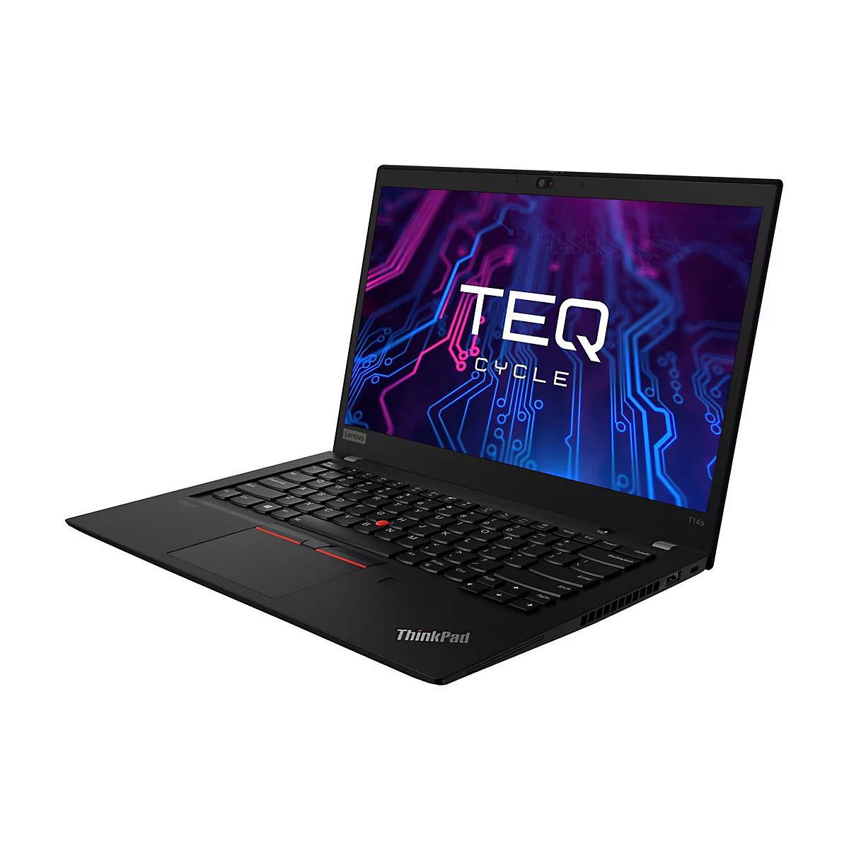 Schwarzes Lenovo ThinkPad Laptop mit dem Bildschirm, der „TEQ CYCLE“ anzeigt, auf weißem Hintergrund.