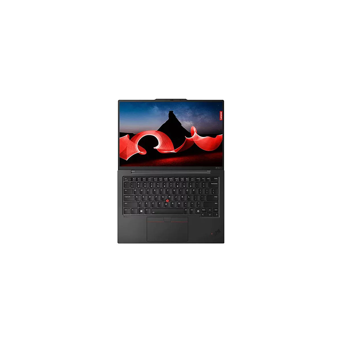 Draufsicht auf ein schwarzes Lenovo ThinkPad Laptop, geöffnet. Der Bildschirm zeigt eine rote Lichtspur vor einem Berg. Tastatur, Touchpad und TrackPoint sind sichtbar.