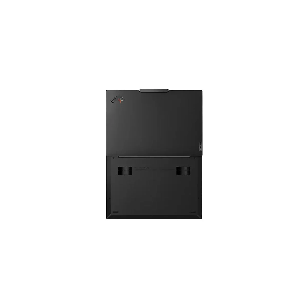 Draufsicht auf einen schwarzen Laptop. Oben links ist das Thinkpad X1 Logo zu sehen. Auf der Unterseite sind Belüftungsschlitze und das Lenovo Logo.