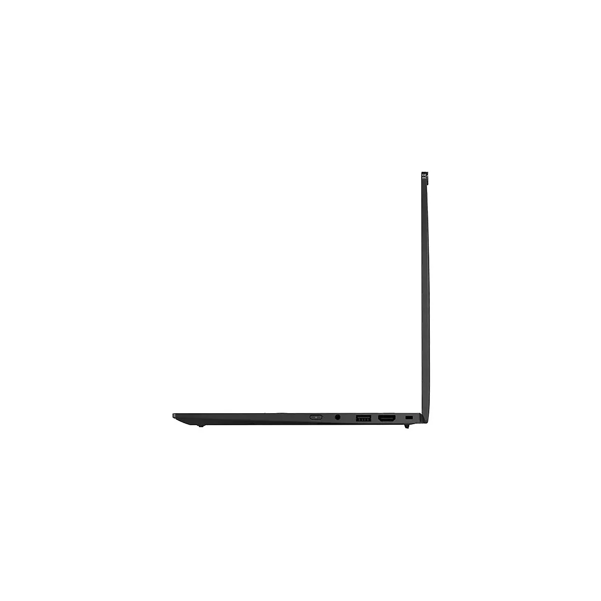 Schwarzes Laptop-Profil, offen. Anschlüsse, wie USB, HDMI und Netzteil sind sichtbar.