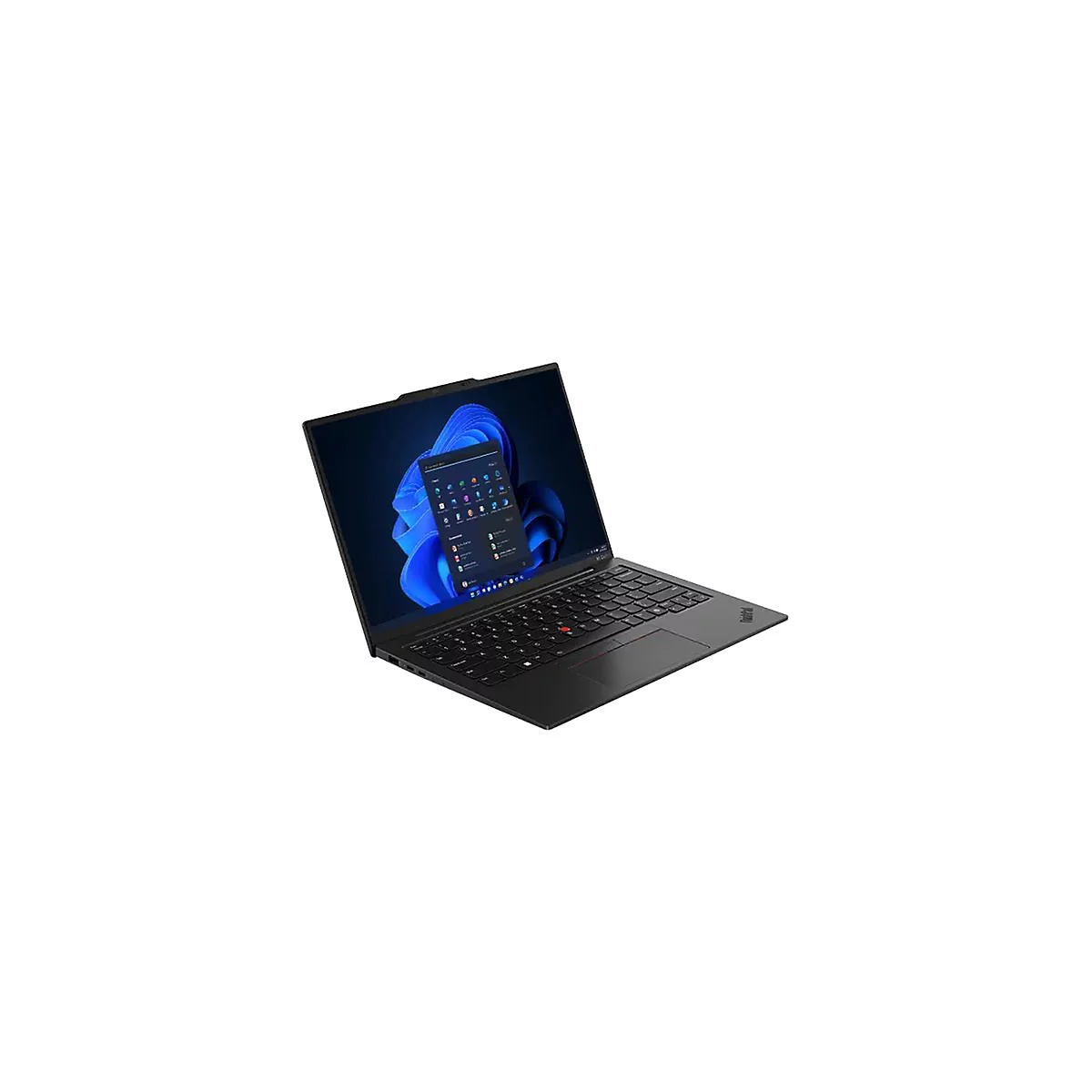 Schwarzes Laptop mit geöffnetem Bildschirm, der ein Windows-Menü zeigt. Tastatur mit rotem Trackpoint. Lenovo Thinkpad Logo.
