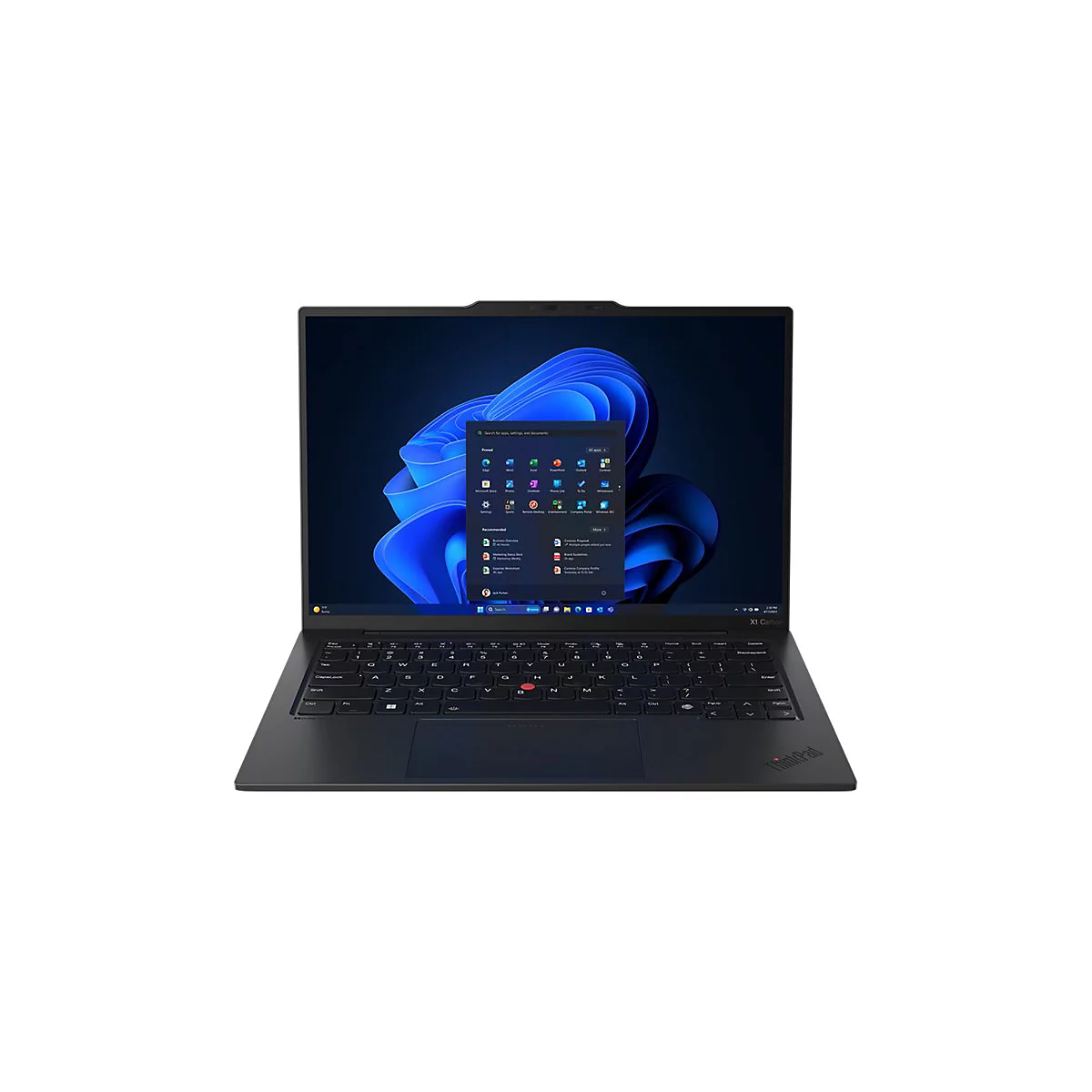 Schwarzes Laptop mit Windows-StartmenÃ¼ vor blauem Hintergrund.