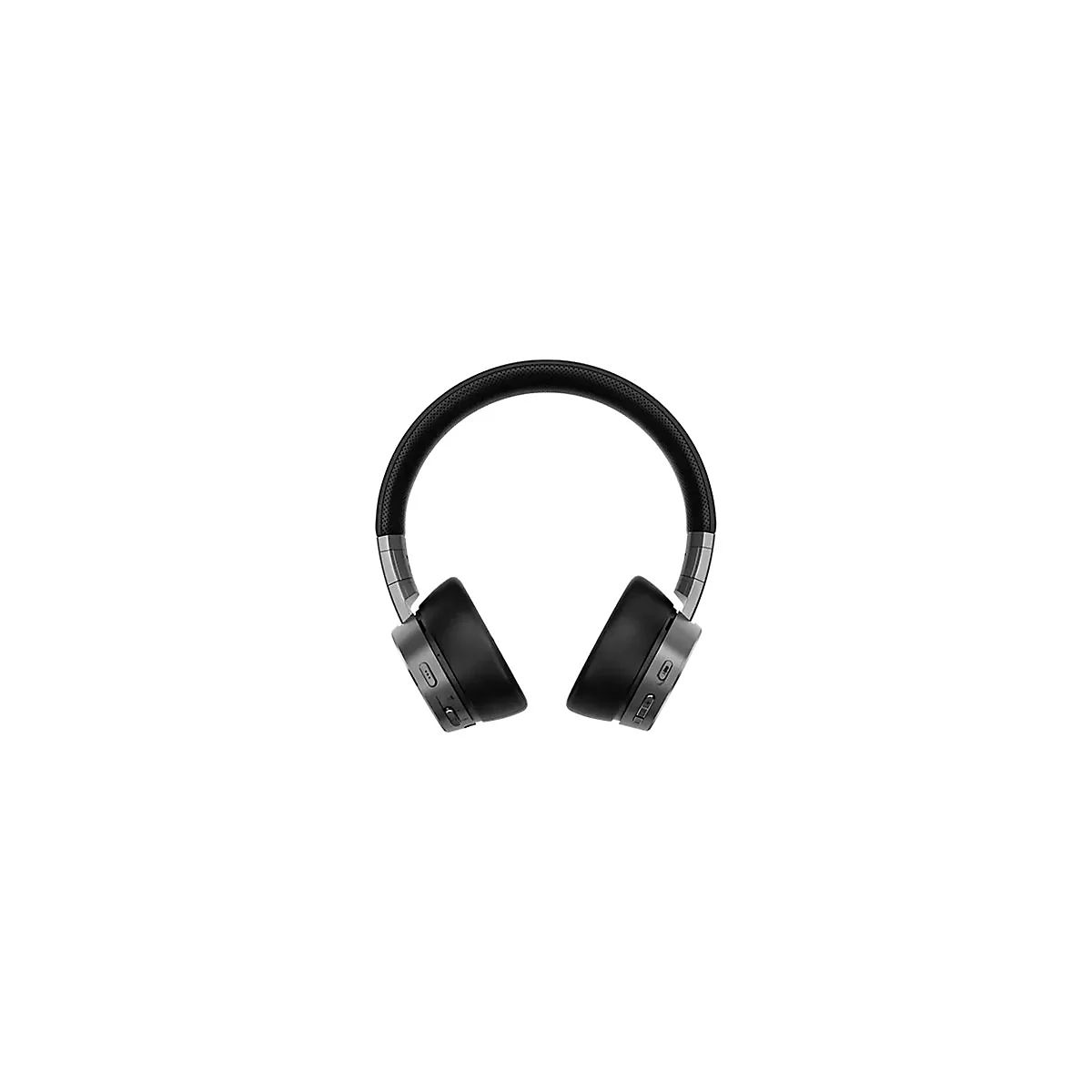 Draufsicht auf Kopfhörer in Schwarz, mit Metallakzenten und gepolstertem Bügel, auf weißem Hintergrund.