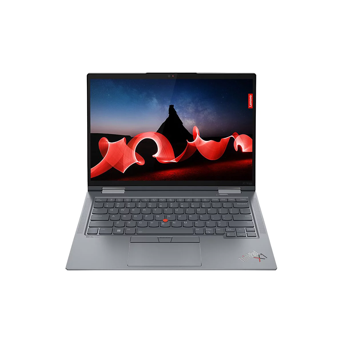 Ein silberner Laptop mit geÃ¶ffnetem Display. Der Bildschirm zeigt eine rote, geschwungene Form auf dunklem Hintergrund. Auf der Tastatur befindet sich ein roter Trackpoint.