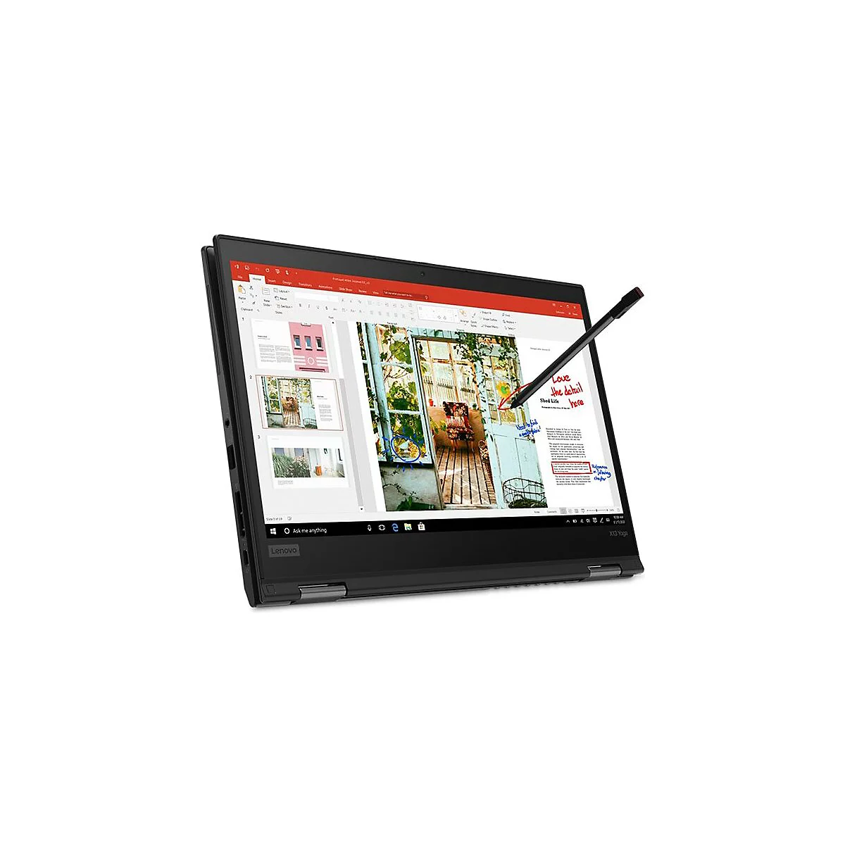 Schwarzes Lenovo X13 Yoga Laptop, teilweise geöffnet. Der Bildschirm zeigt eine Präsentation mit Anmerkungen eines Stifts.