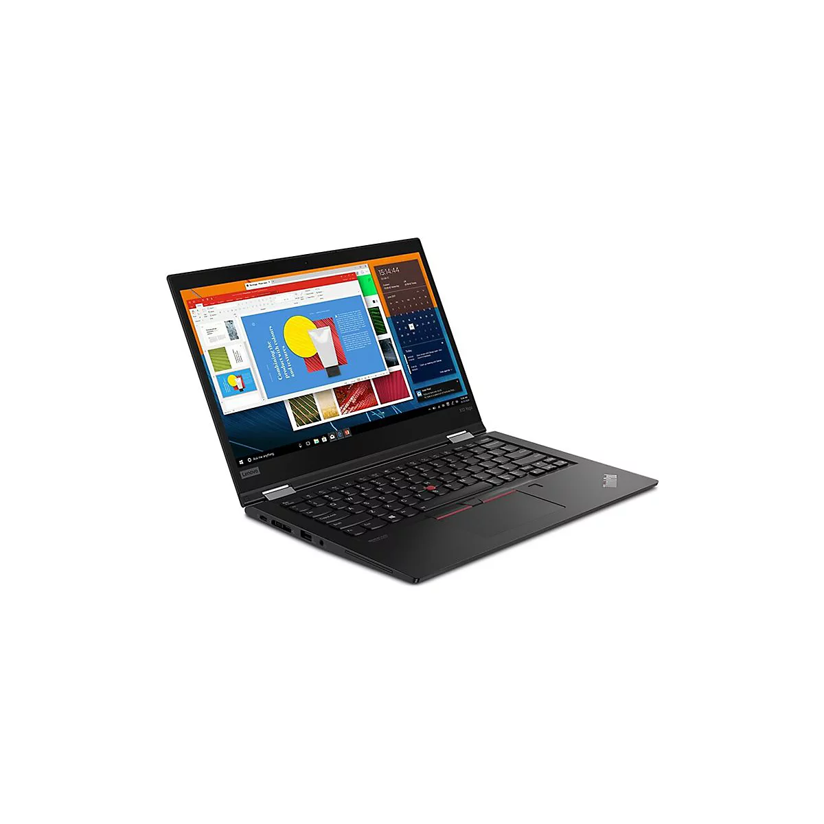 Schwarzes Laptop mit geöffnetem Bildschirm, auf dem eine Präsentation zu sehen ist.