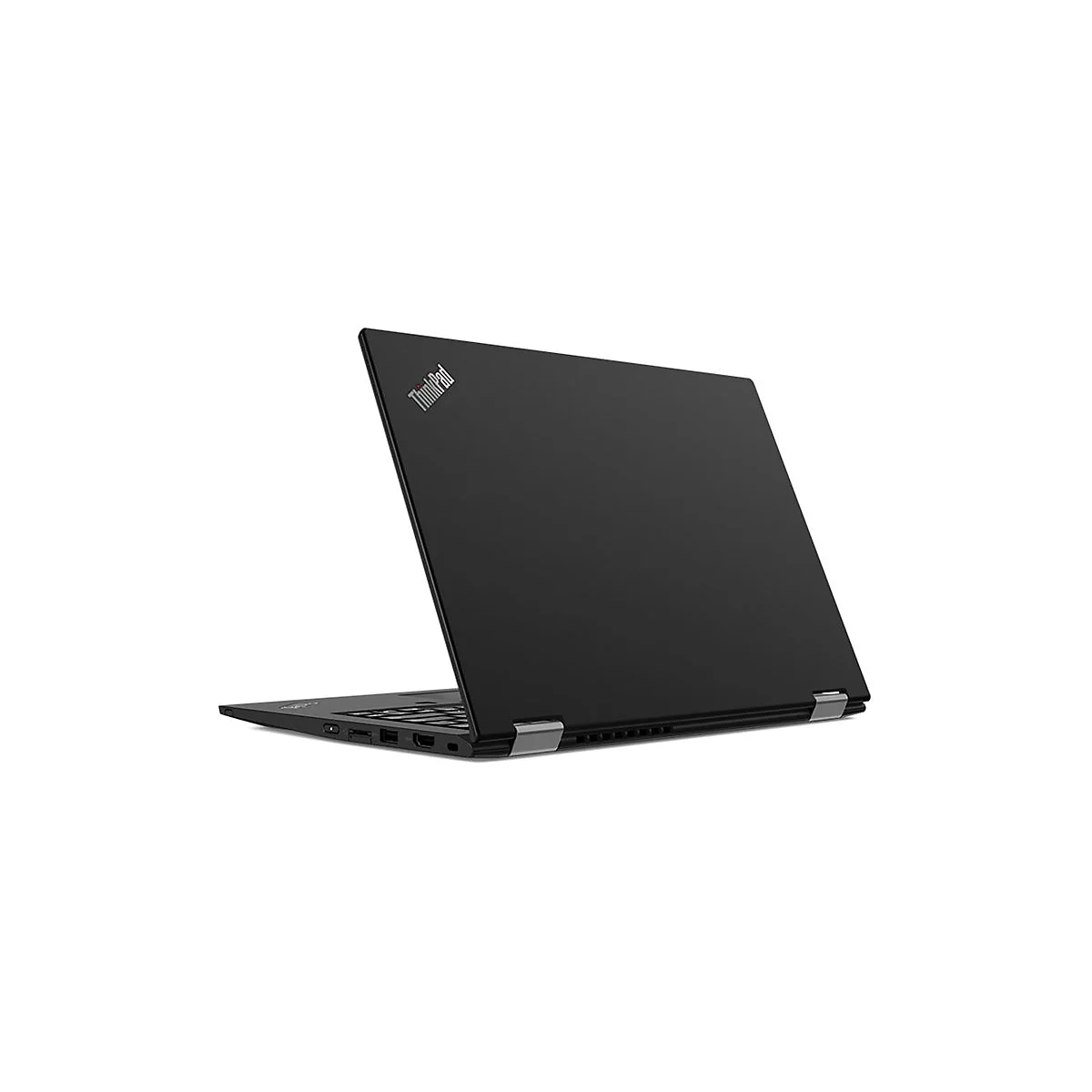 Schwarzes ThinkPad-Laptop leicht geöffnet. „ThinkPad“-Logo oben links.