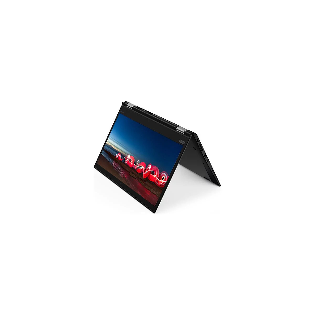 Schwarzes Laptop, Display halb geöffnet, Landschaftsbildschirm.