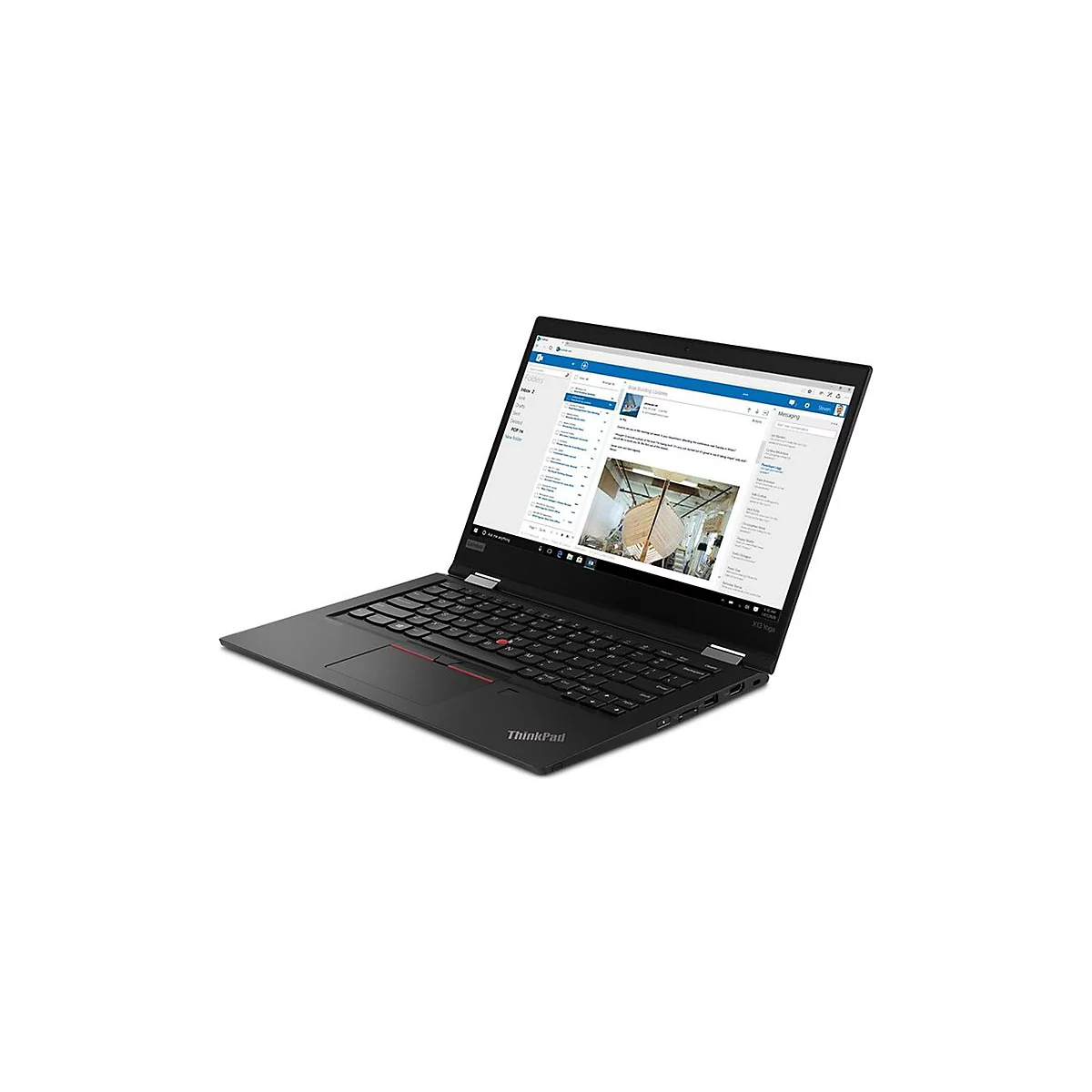 Schwarzes ThinkPad-Laptop mit geöffnetem Bildschirm, auf dem eine E-Mail-Anwendung angezeigt wird.