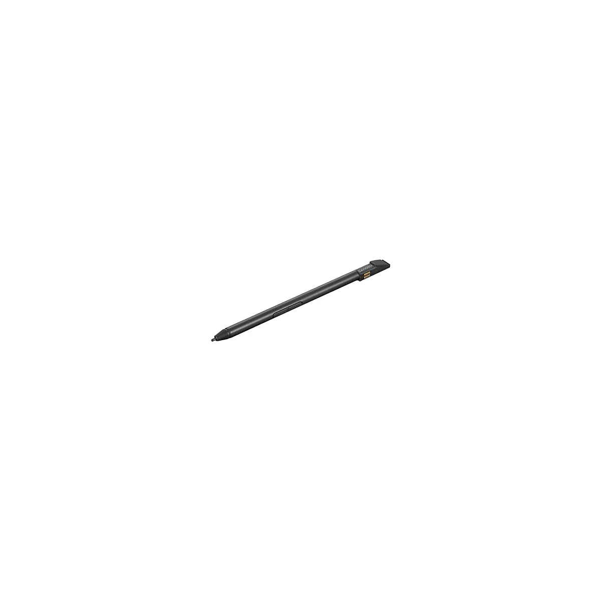 Stylet Lenovo gris foncé avec logo, un bouton et une pointe pointant en diagonale vers le bas.