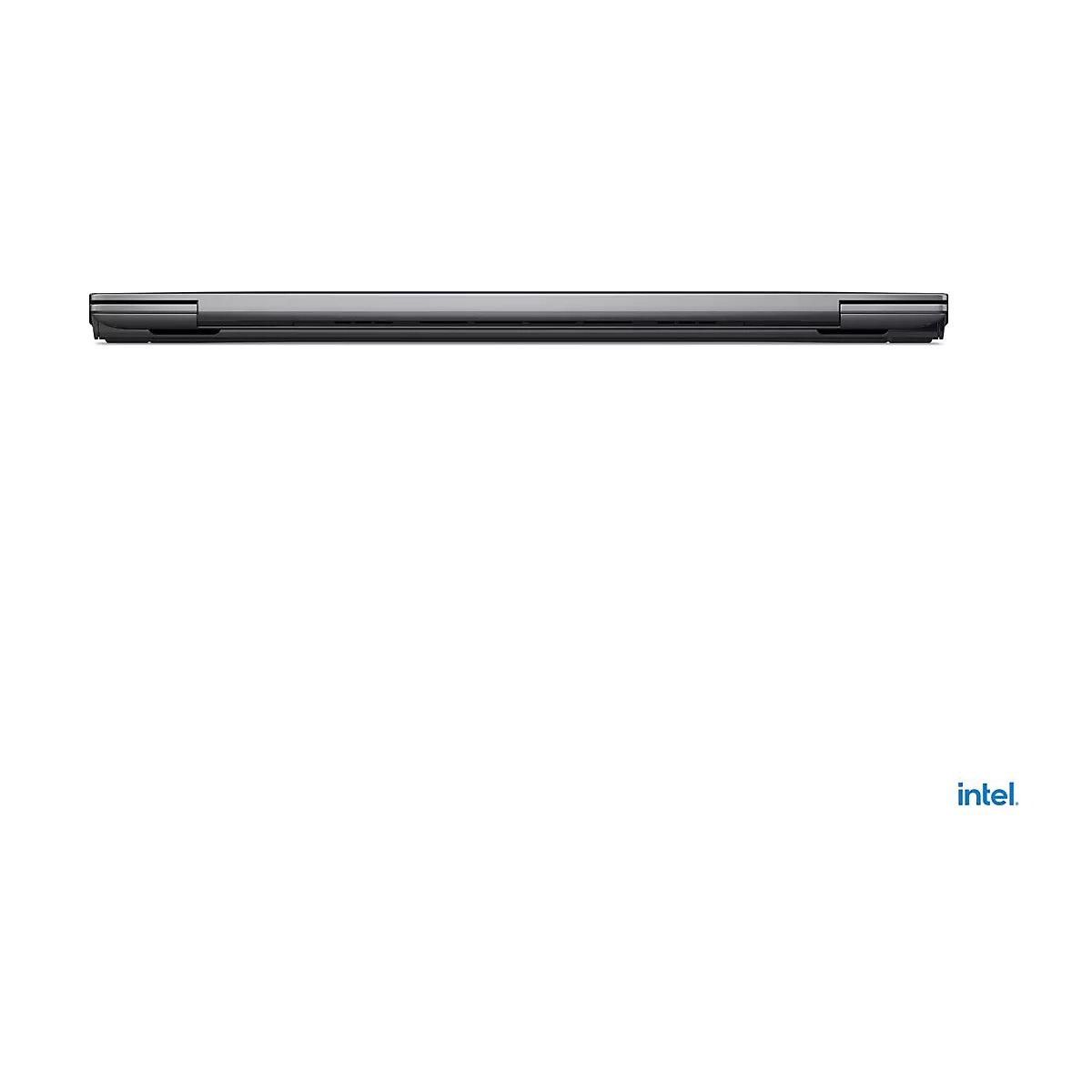Ein geschlossenes, graues Laptop von oben, im unteren rechten Bereich das Intel Logo.