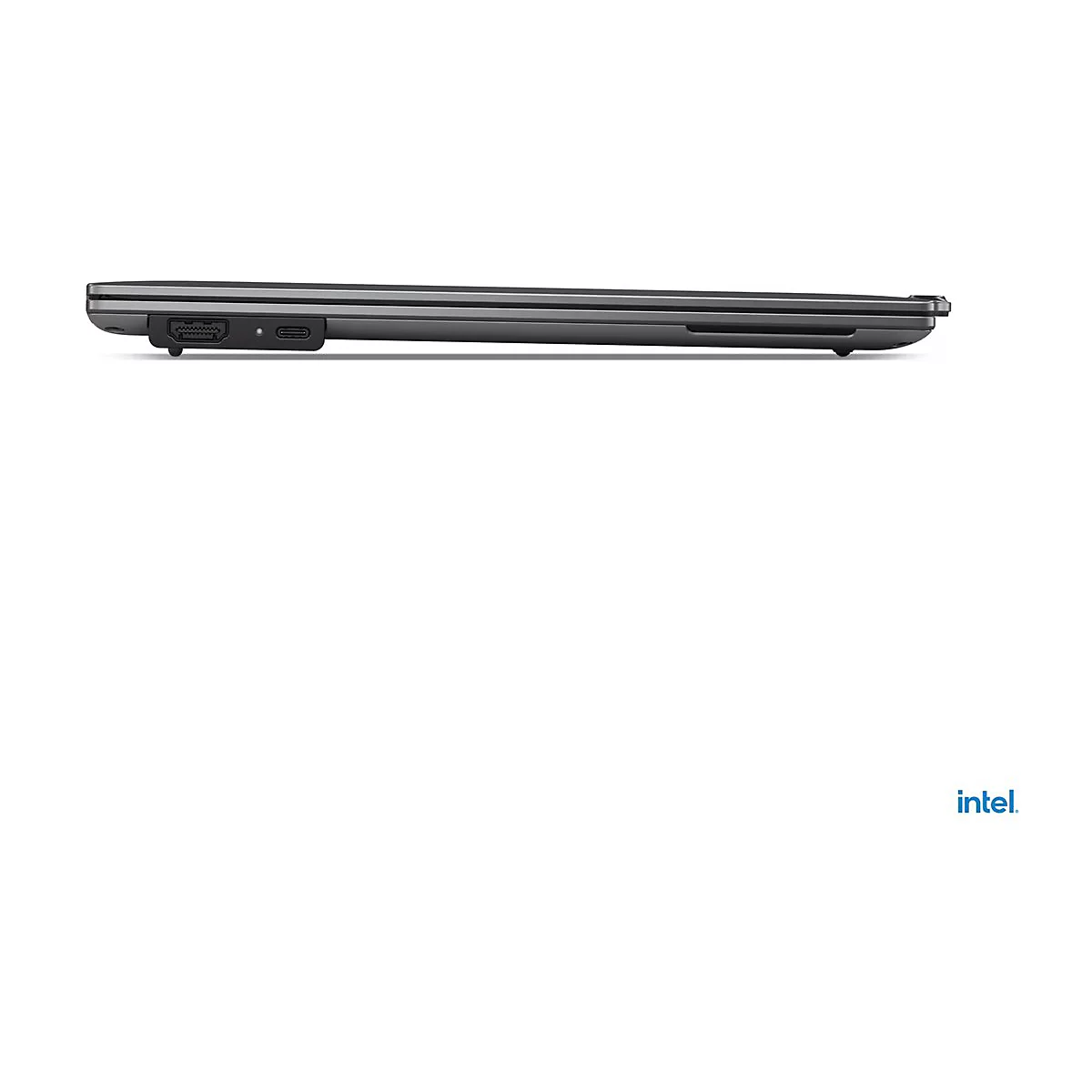 Grauer Laptop im Profil, einige AnschlÃ¼sse erkennbar. Unten rechts das Intel-Logo.