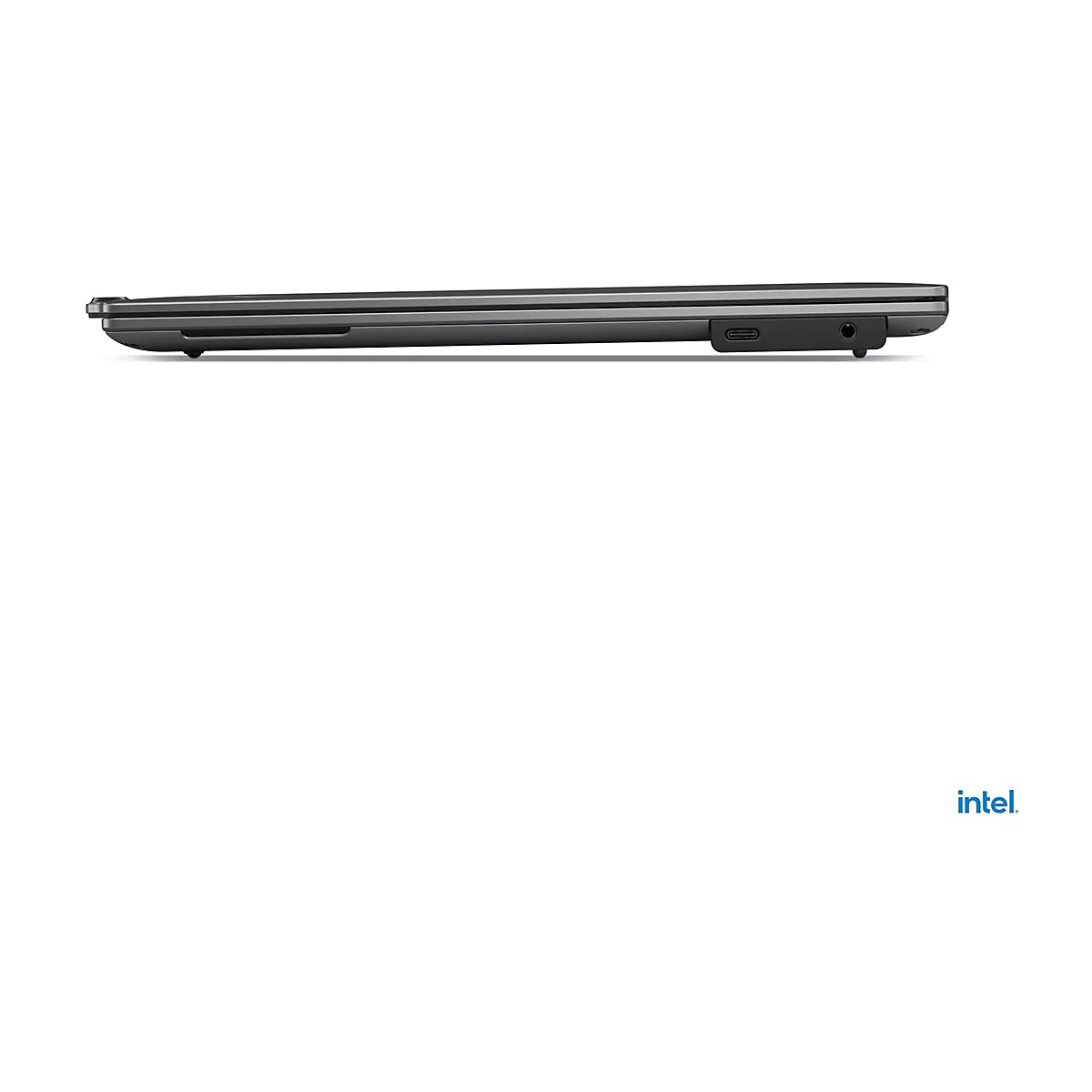 Schwarzes Laptop-Profil auf weiÃŸem Hintergrund, Intel-Logo unten rechts.