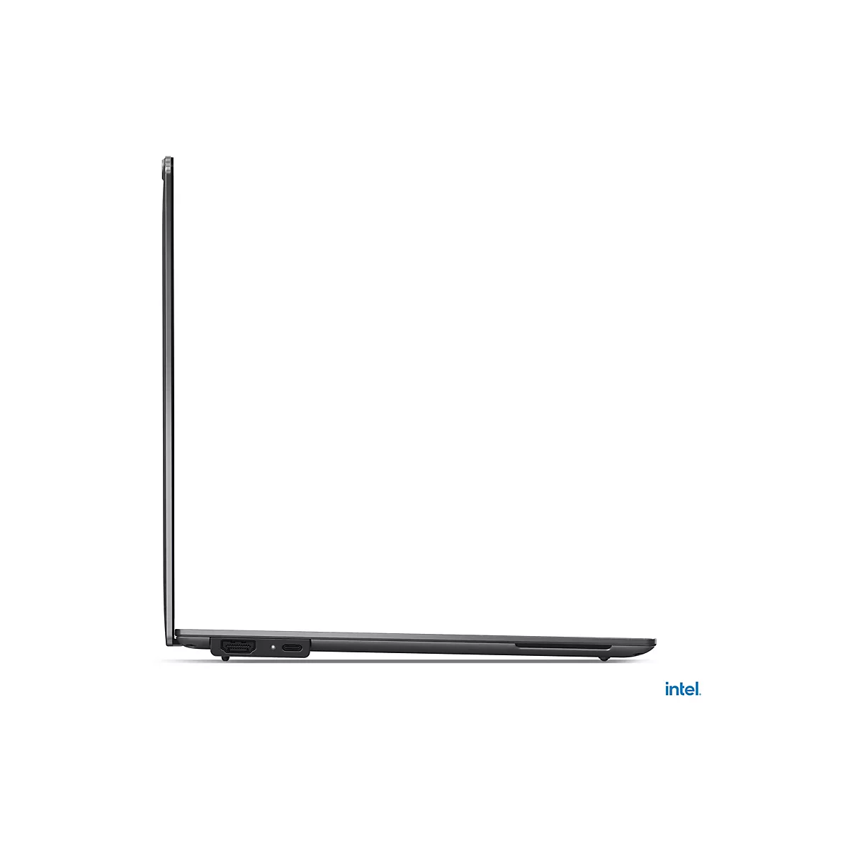 Ein Laptop von der Seite. Die OberflÃ¤che ist dunkelgrau, mit Intel-Logo unten rechts.