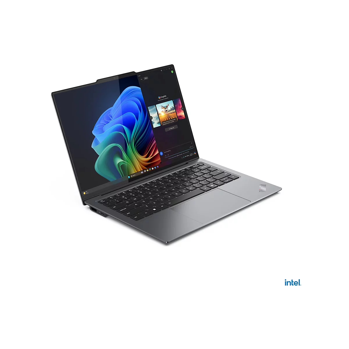 Graues Laptop auf weiÃŸem Hintergrund. Der Bildschirm zeigt bunte, abstrakte Formen und App-Symbole.