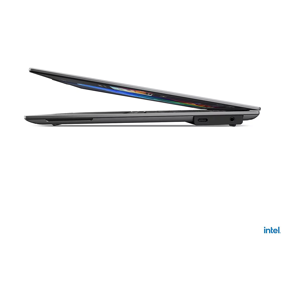 Ein grauer Laptop im Profil, mit leicht geÃ¶ffnetem Deckel, der Bildschirm zeigt Farben. Unten rechts das Intel-Logo.
