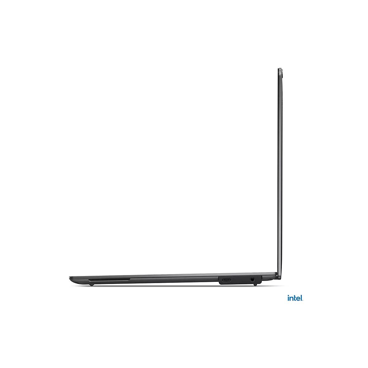 Grauer Laptop von der Seite, der Bildschirm ist offen. Am unteren rechten Rand steht intel.