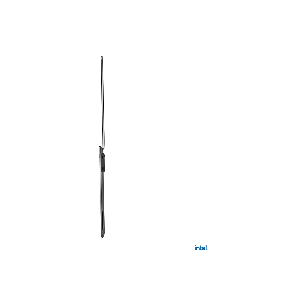 Ein Laptop im Profil, halb geÃ¶ffnet, schwarzes GehÃ¤use, weiÃŸer Hintergrund. Unten rechts: Intel-Logo.