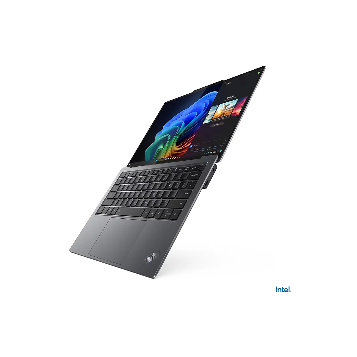 Graues Laptop-Design, Display mit bunten Grafiken, auf weiÃŸem Hintergrund, leicht schrÃ¤g.