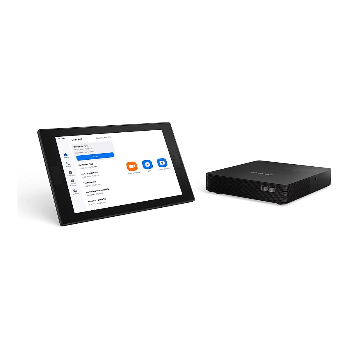 Schwarzes Lenovo ThinkSmart-Konferenzsystem mit Tablet und Hub auf weißem Hintergrund.
