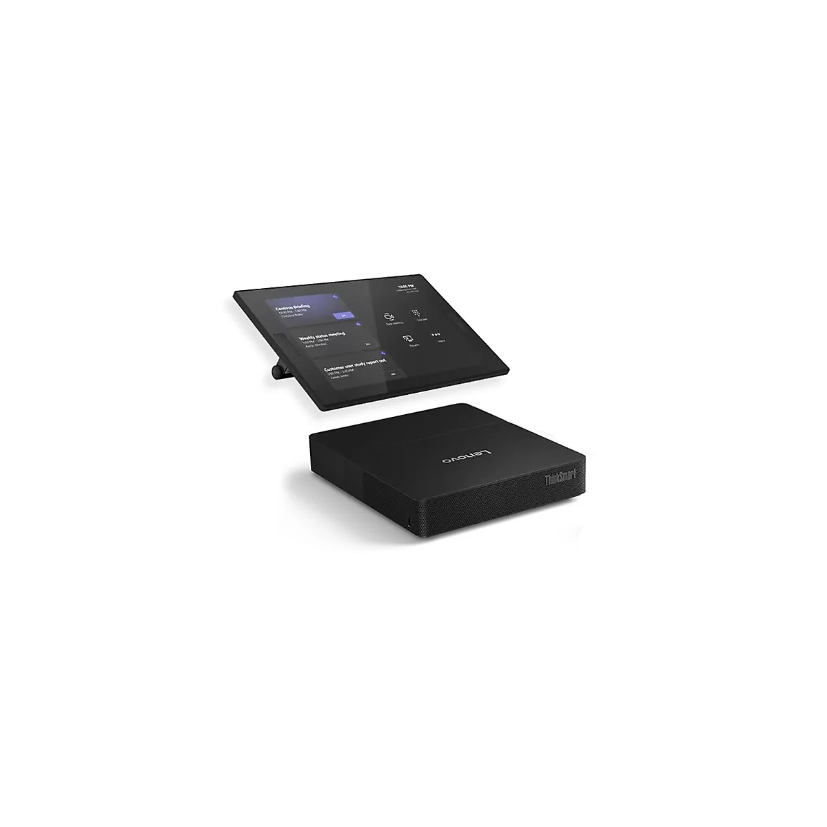 Système de conférence Lenovo ThinkSmart noir. Une tablette affiche le calendrier Teams. En dessous, une boîte noire avec l'inscription ThinkSmart.