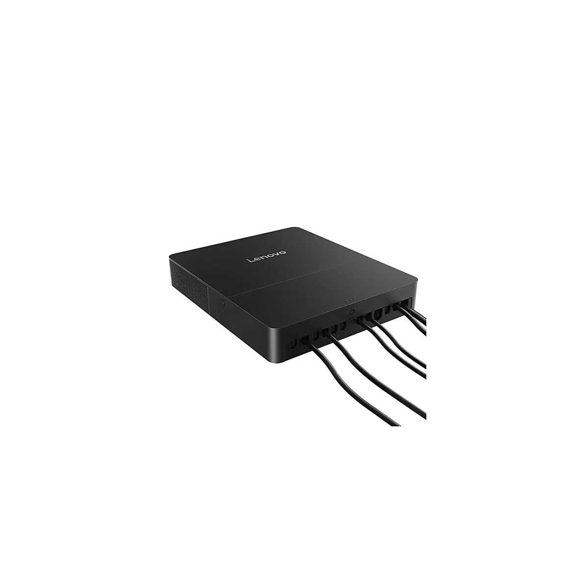 Appareil Lenovo noir avec câbles connectés, sur fond blanc.