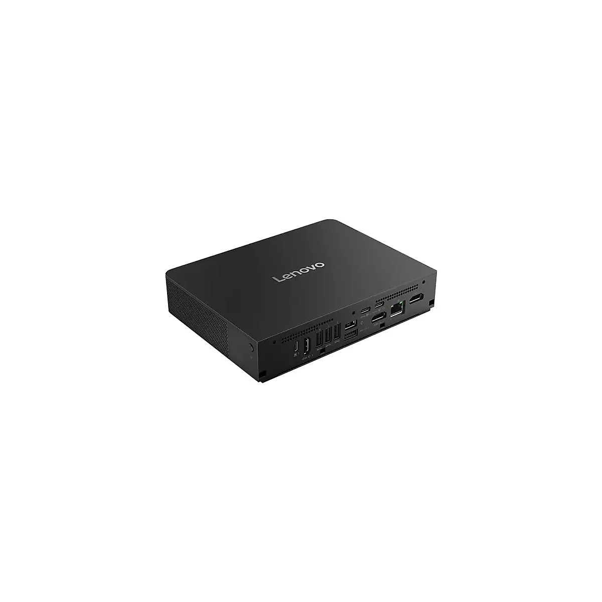 Un mini-PC Lenovo noir. Le mot "Lenovo" est écrit en haut. De nombreux ports à l'avant.