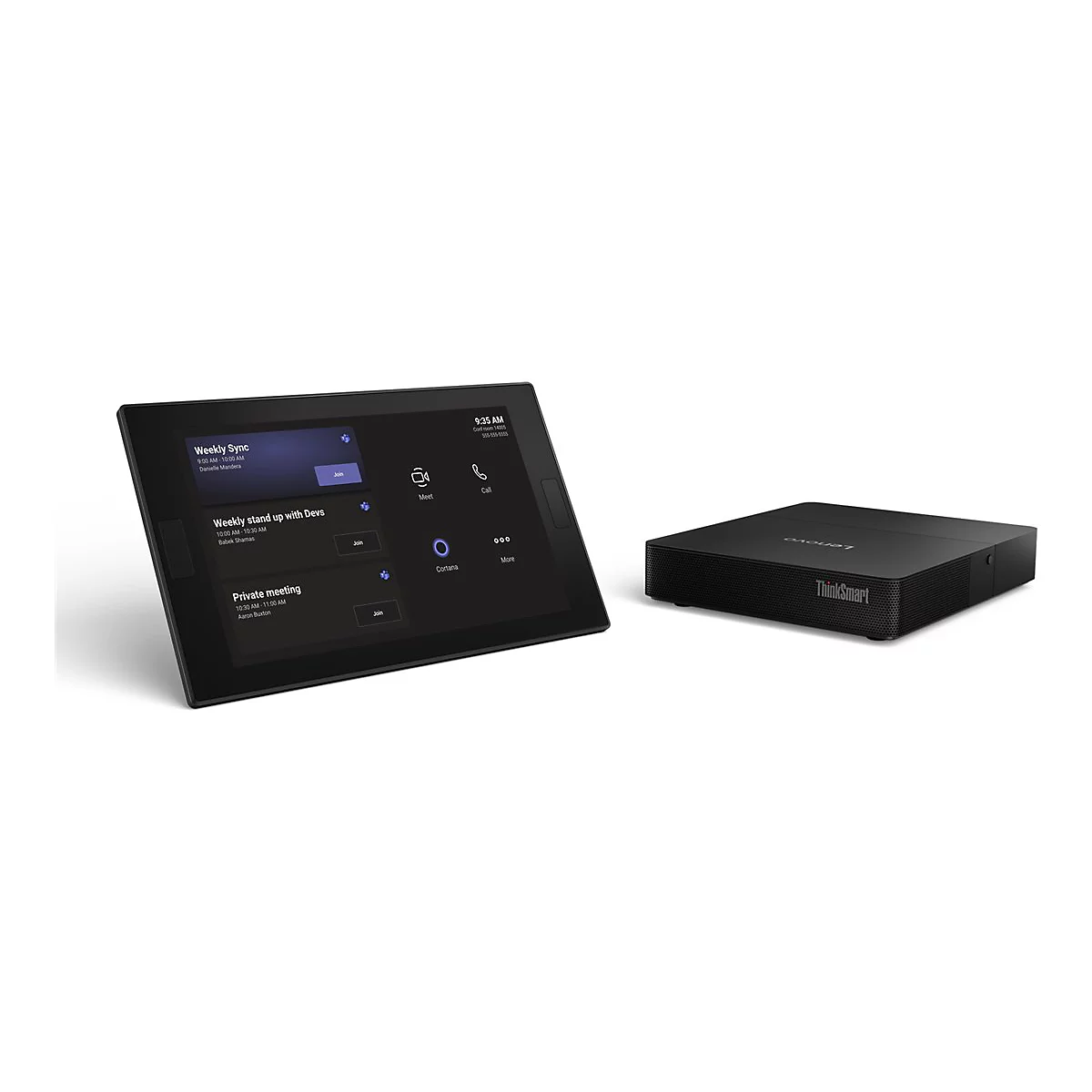 Système de conférence ThinkSmart noir avec écran, aperçu des réunions et heure. Un appareil Lenovo noir est sur la table.