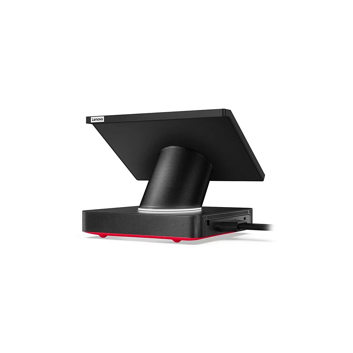Schwarzer Lenovo-Touchscreen auf weißem Hintergrund. Die Rückseite zeigt ein zylindrisches Element, eine Basis mit rotem Streifen, und ein angeschlossenes Kabel.