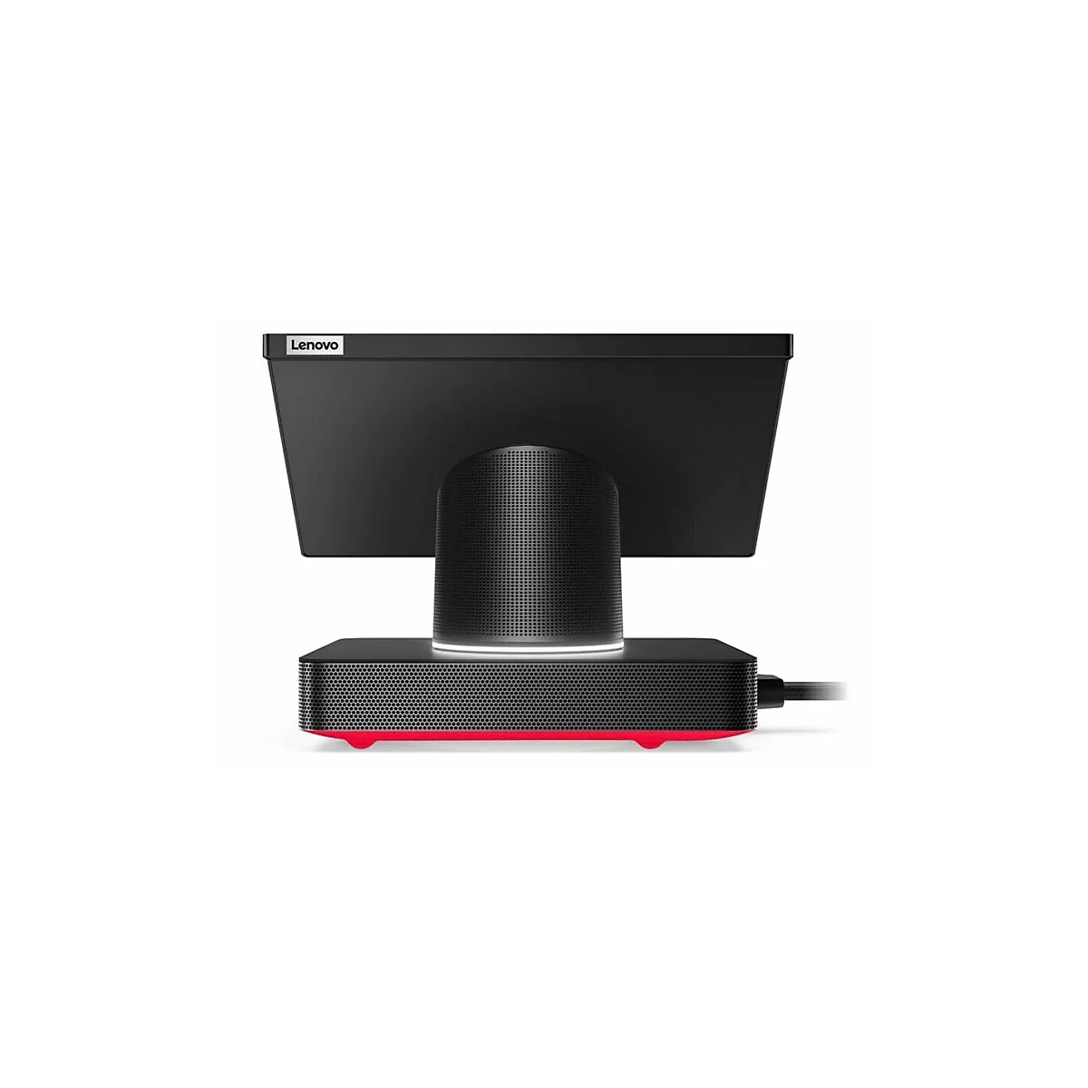 Schwarzer Lenovo-Monitor mit rotem Unterteil und Lautsprecher. Der Bildschirm wird von einer grauen Säule getragen.
