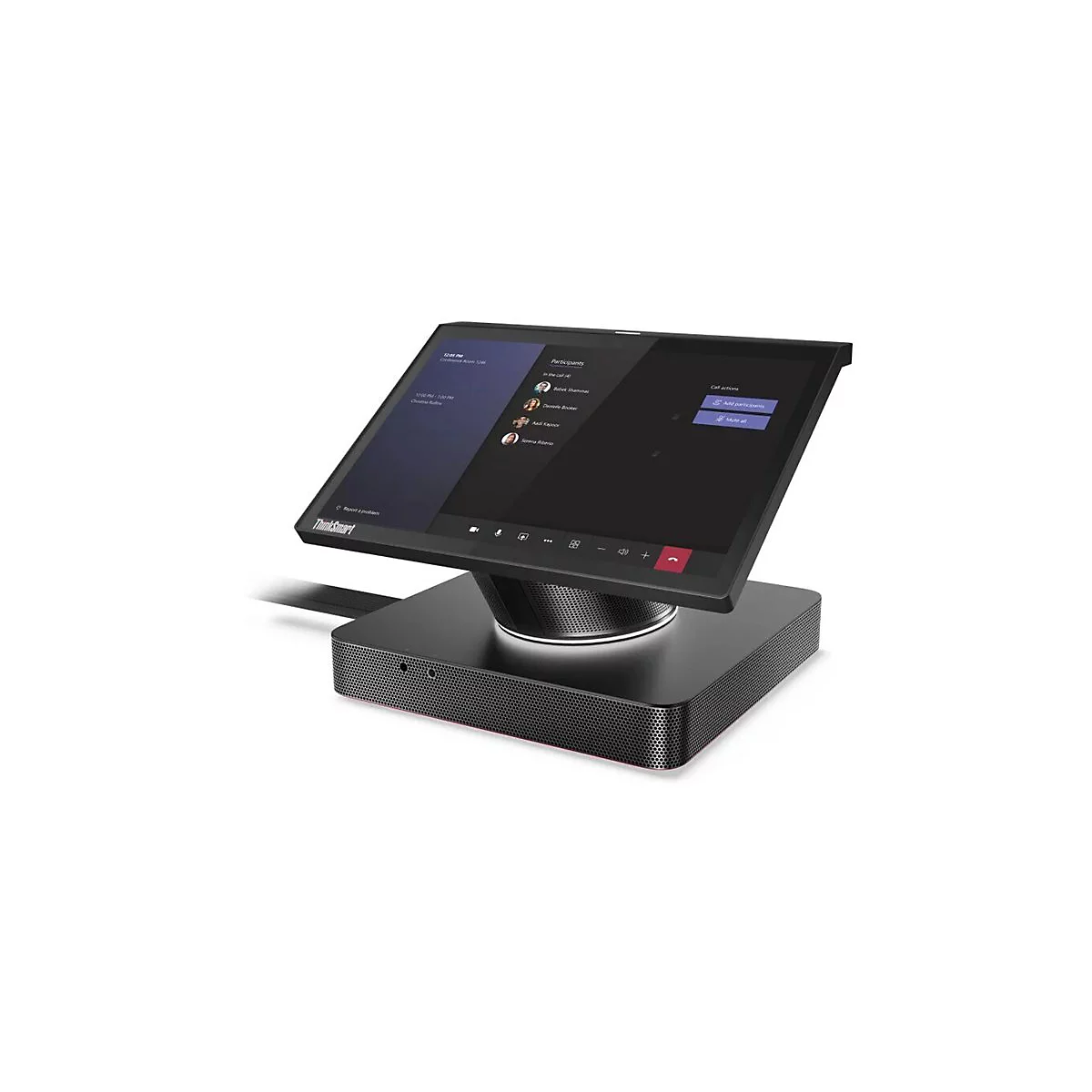 Schwarzes ThinkSmart-Gerät mit Touchscreen, Display zeigt Videokonferenz-Oberfläche, auf weißem Hintergrund.