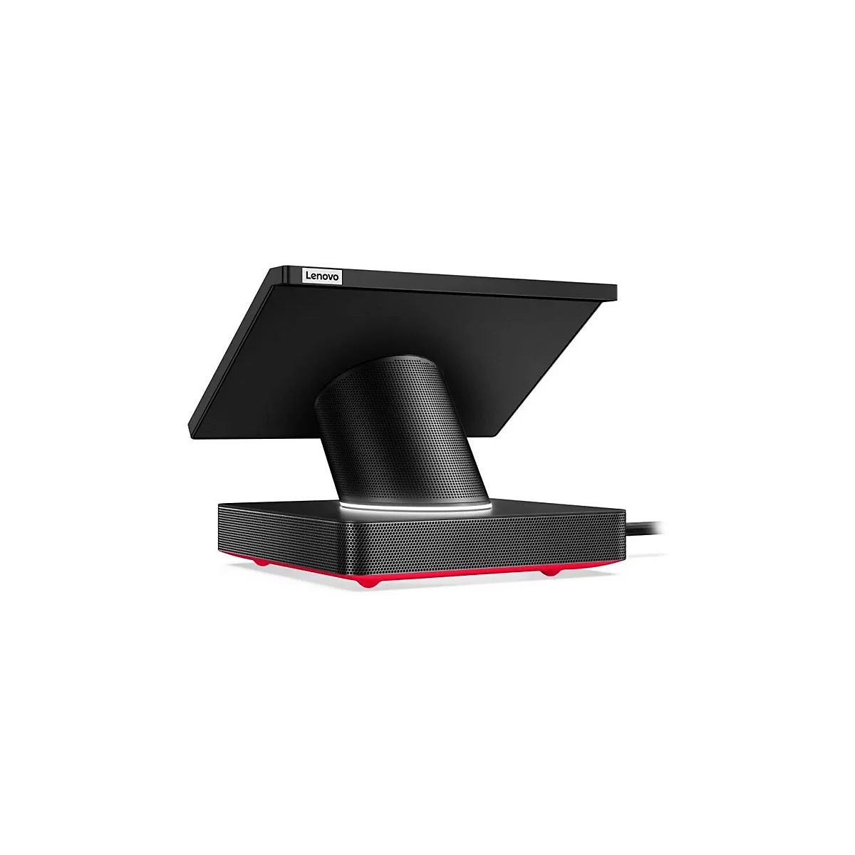 Schwarzes Lenovo-Display mit roter Basis. Bildschirm geneigt, auf perforierter Säule und rechteckiger Basis. Stromkabel sichtbar.