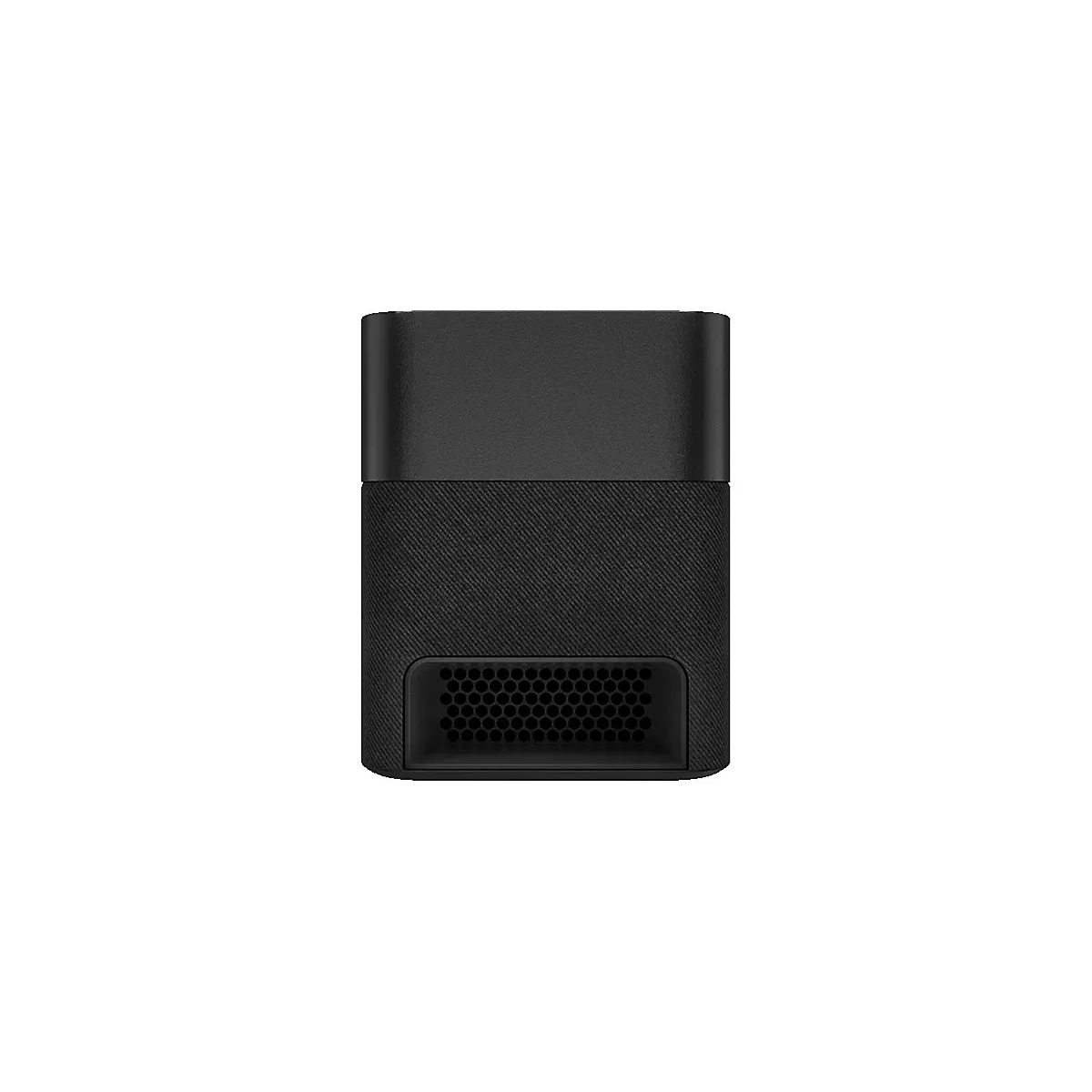 Schwarzer Lautsprecher, rechteckig mit Stoff, unterem Lufteinlass mit sechseckigem Gitter.