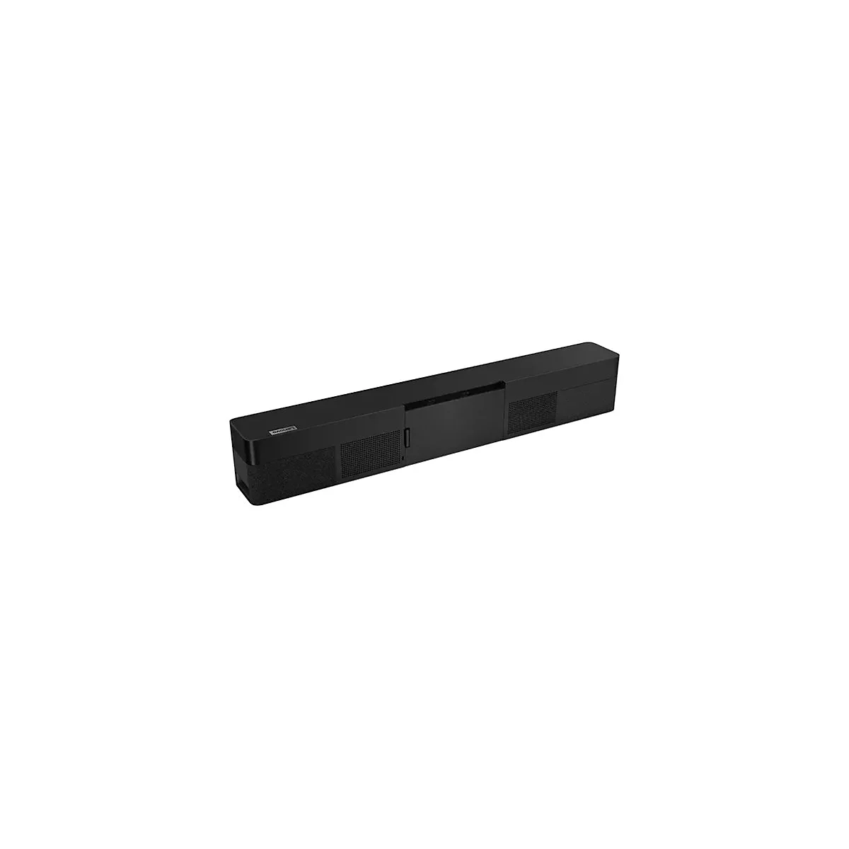 Schwarze Soundbar, vorne Lenovo-Logo. Mit Lautsprechergitter an den Seiten. Auf weißem Hintergrund.