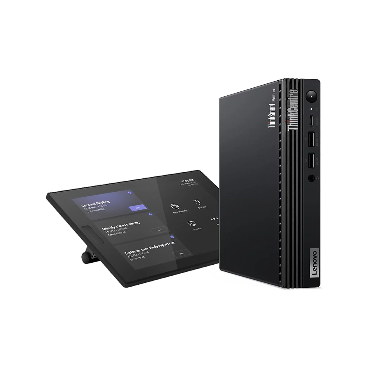 Lenovo ThinkCentre Tiny Desktop und ThinkSmart Touch-Display vor weißem Hintergrund.