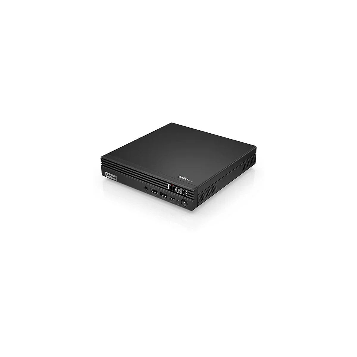 Schwarzer Lenovo ThinkCentre Computer, leicht schräg von oben aufgenommen. Auf dem Gehäuse steht "ThinkSmart".
