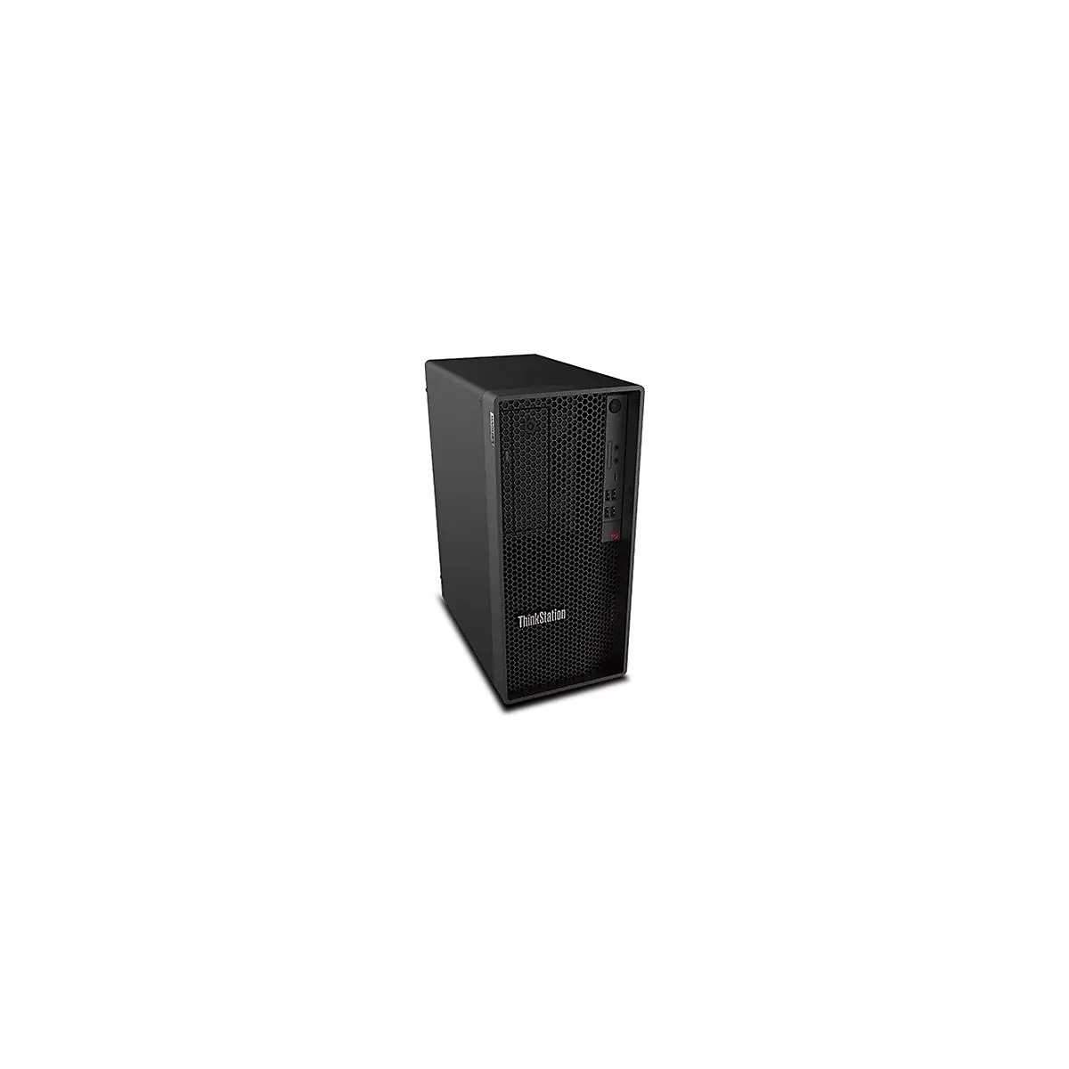 Schwarzer Lenovo ThinkStation Tower-PC mit Wabengitter-Frontplatte und Logo.