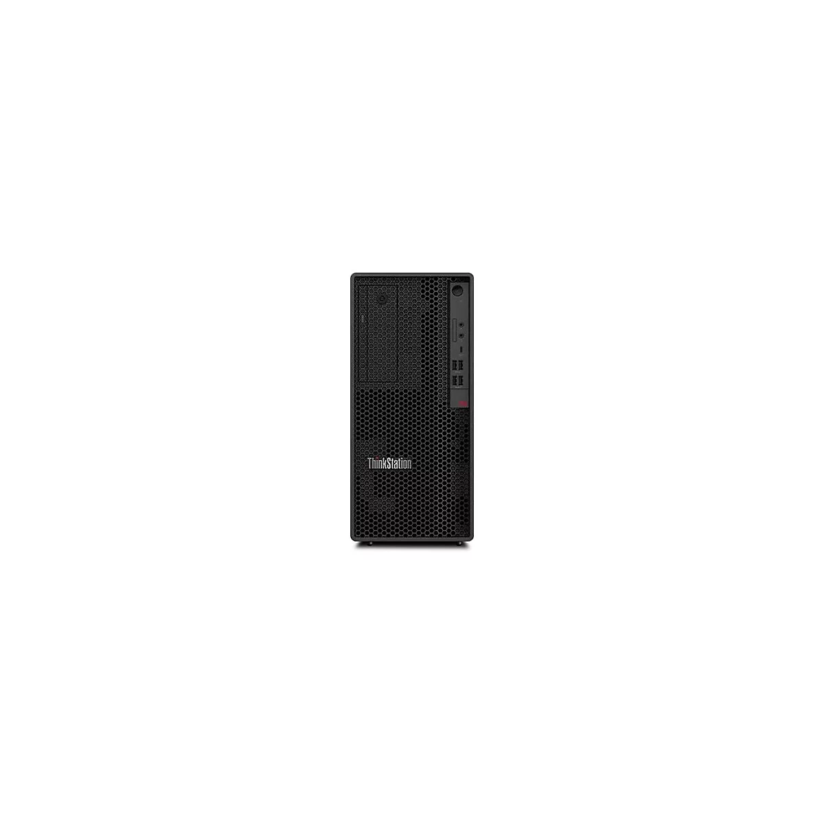 Schwarzer Tower-PC, Frontansicht, mit ThinkStation-Logo und FrontanschlÃ¼ssen.