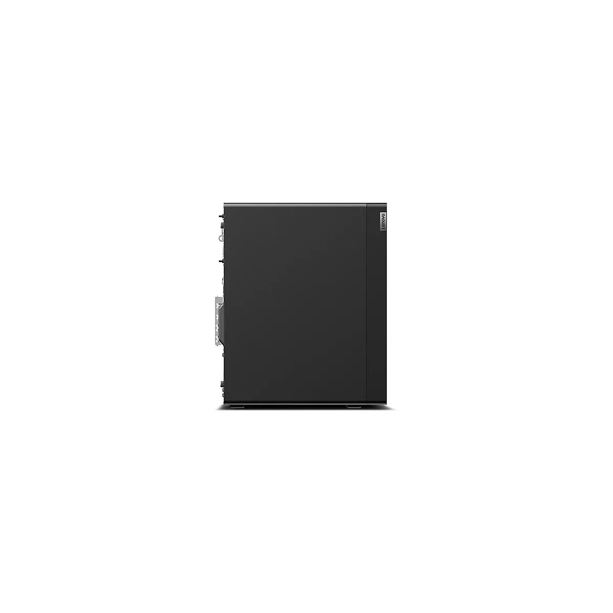 Schwarzer PC-Tower. Lenovo-Logo oben rechts.