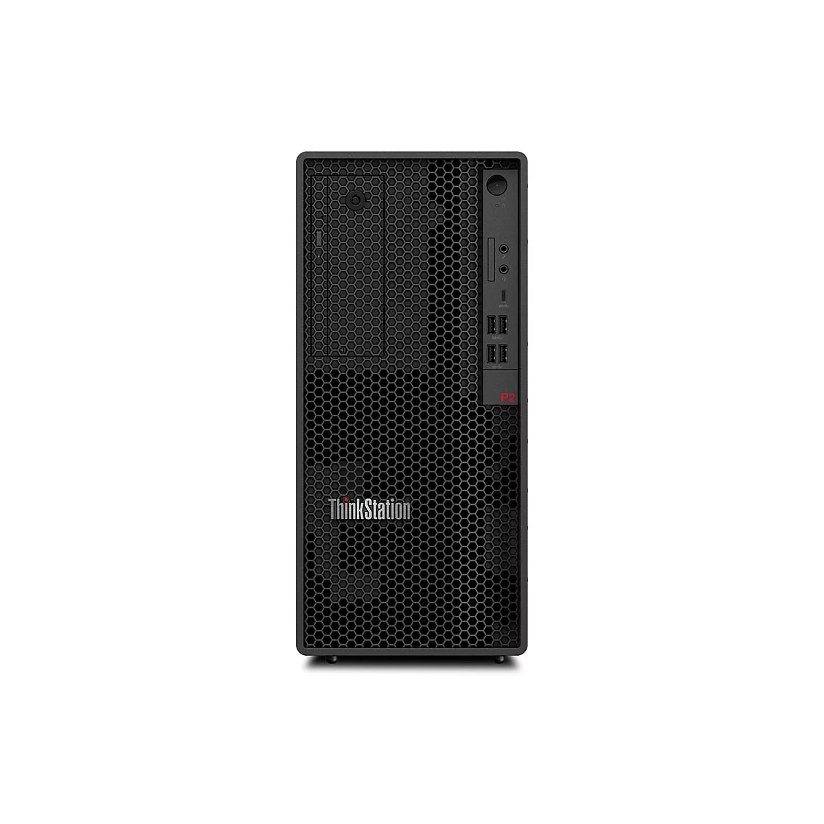 Schwarzer ThinkStation-Tower-PC, Vorderansicht. Auf der Front befinden sich Anschlüsse und das ThinkStation-Logo.