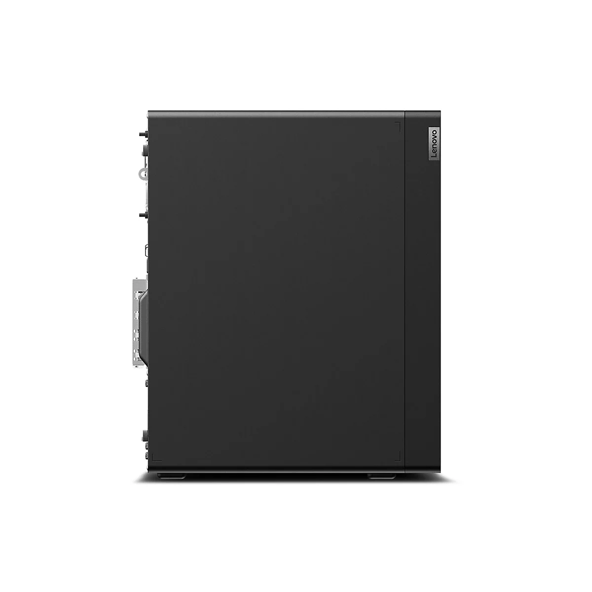 Ein schwarzer PC-Tower im Seitenprofil mit Lenovo-Logo.