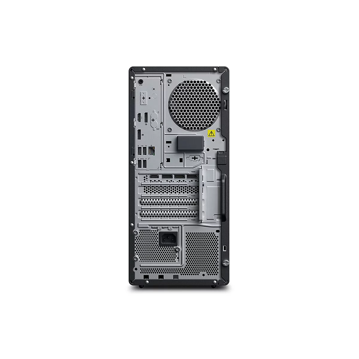Rückseite eines schwarzen PCs mit Anschlüssen, Lüfter und Stromanschluss vor weißem Hintergrund.