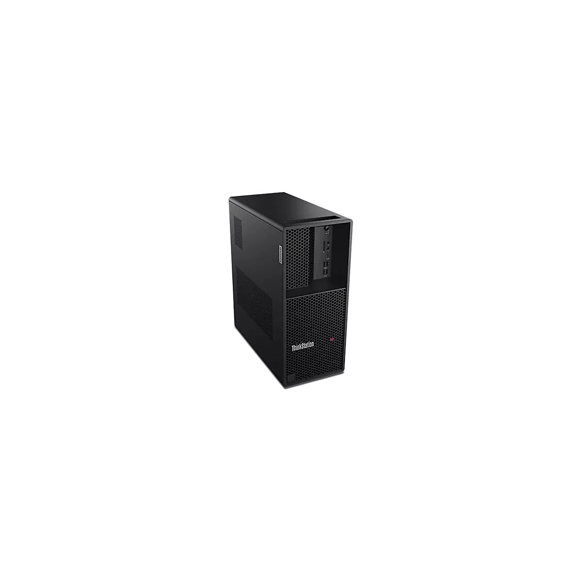 Ein schwarzer Computer-Tower mit den Logos ThinkStation und Lenovo. Die Front hat ein Gittermuster und verschiedene AnschlÃ¼sse.