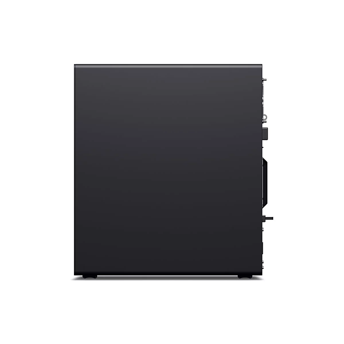 Seitenansicht eines schwarzen Tower-Computers mit neutralem Hintergrund.