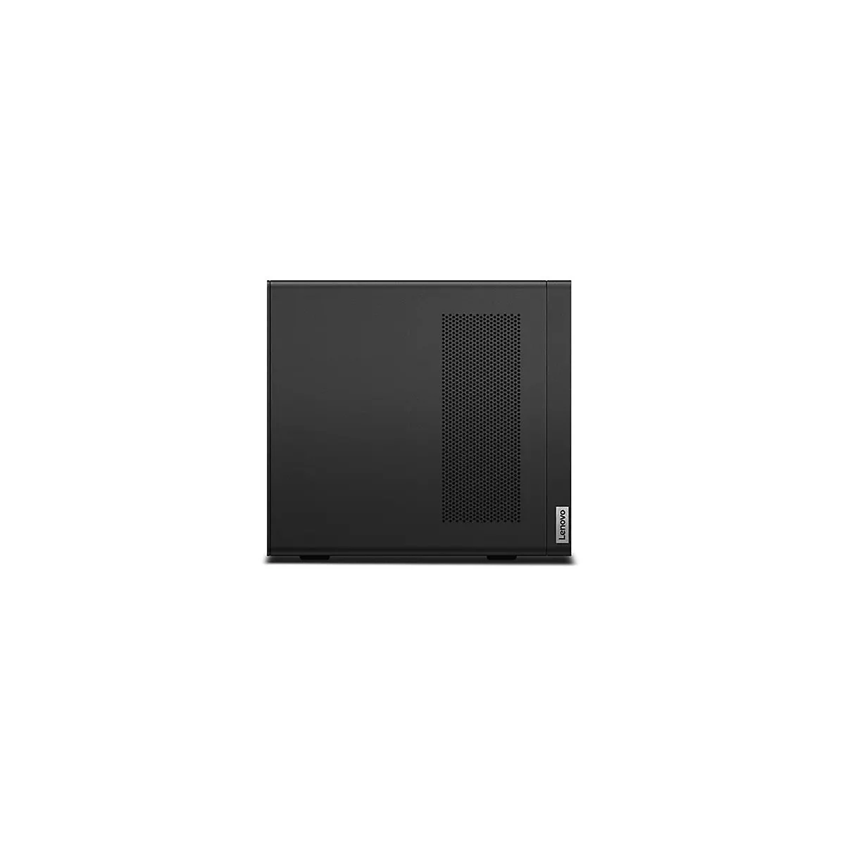 Schwarzer Desktop-PC, Blick auf die Vorderseite, rechte Seite mit perforiertem Gitter, Lenovo-Logo.