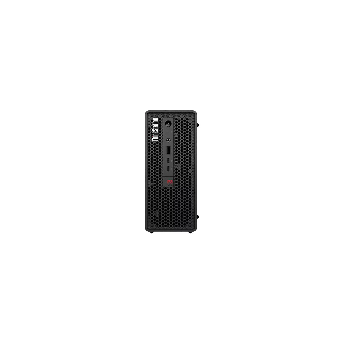 Schwarzer Computer, Frontansicht. Oben steht ThinkStation. Unten steht P3 Ultra. Viele kleine LÃ¶cher.