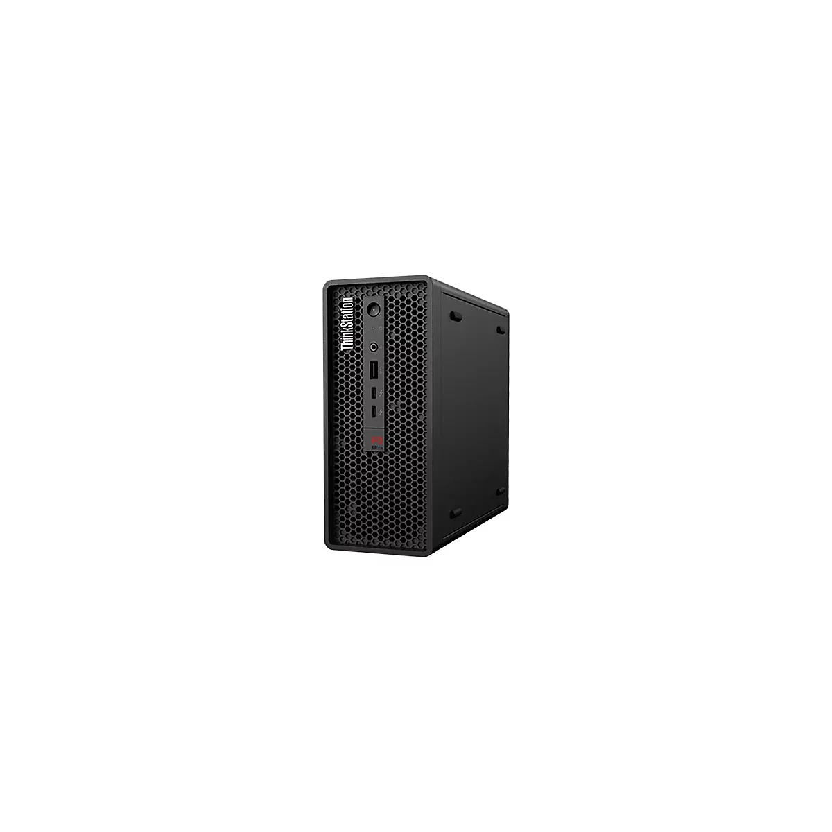 Schwarzer PC-Tower. Die Front zeigt 'ThinkStation', ein Gittermuster und AnschlÃ¼sse. Der Tower steht vor weiÃŸem Hintergrund.