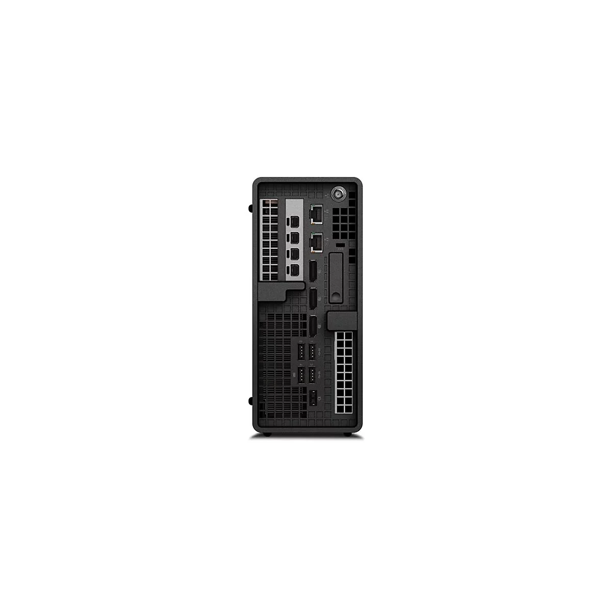 Der Rücken eines schwarzen Desktop-Computers mit verschiedenen Anschlüssen.